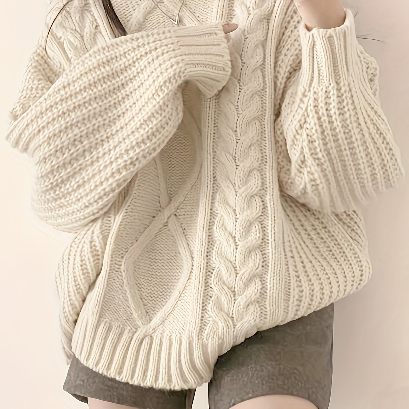 TEMU Solid Cable Crew Neck Pullover Sweater, Elegant Long Sleeve Drop Shoulder Sweater, Women's Clothing