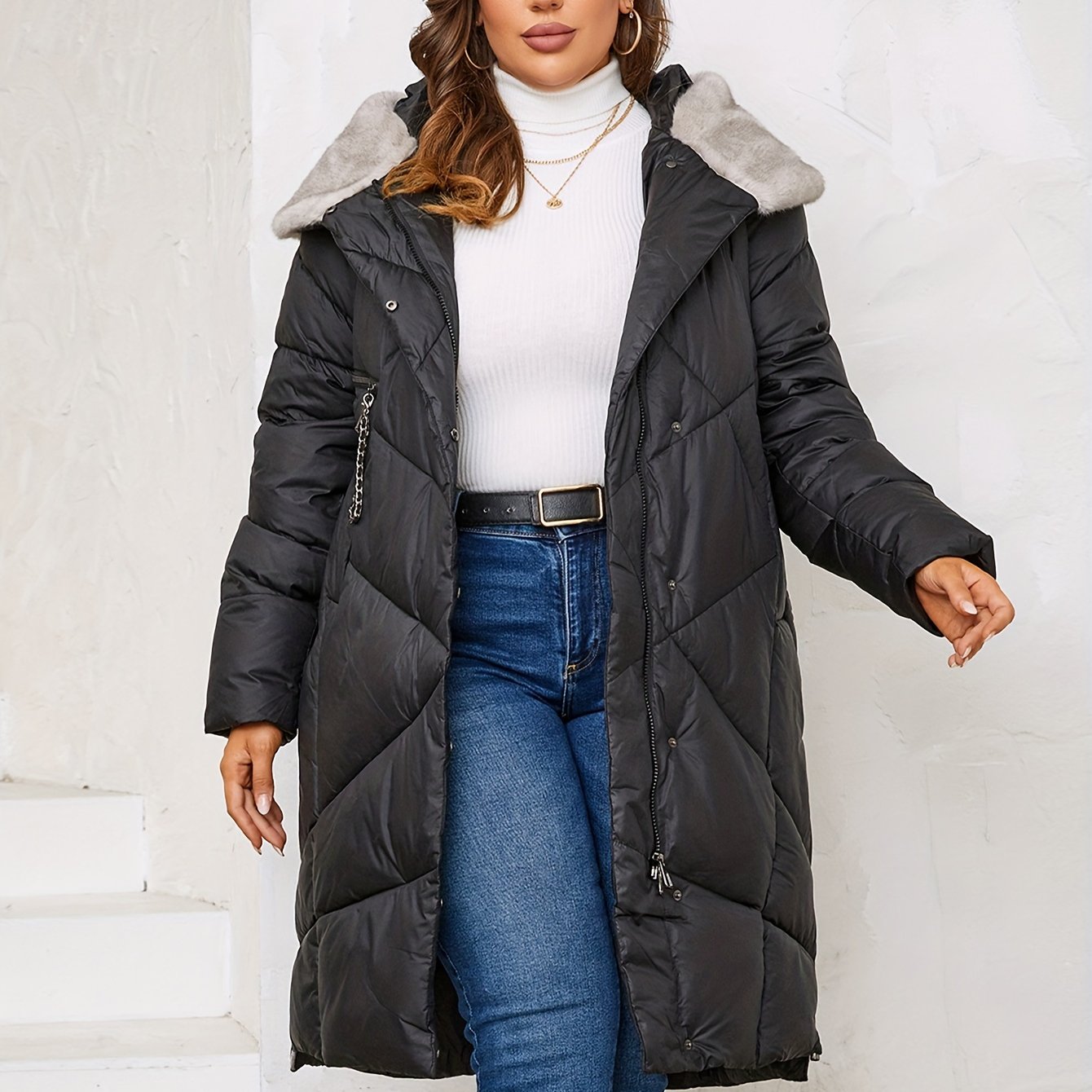 plus size elegant winter coat womens plus solid quilted zip up snap buttons long sleeve hoodie longline puffer coat with pockets