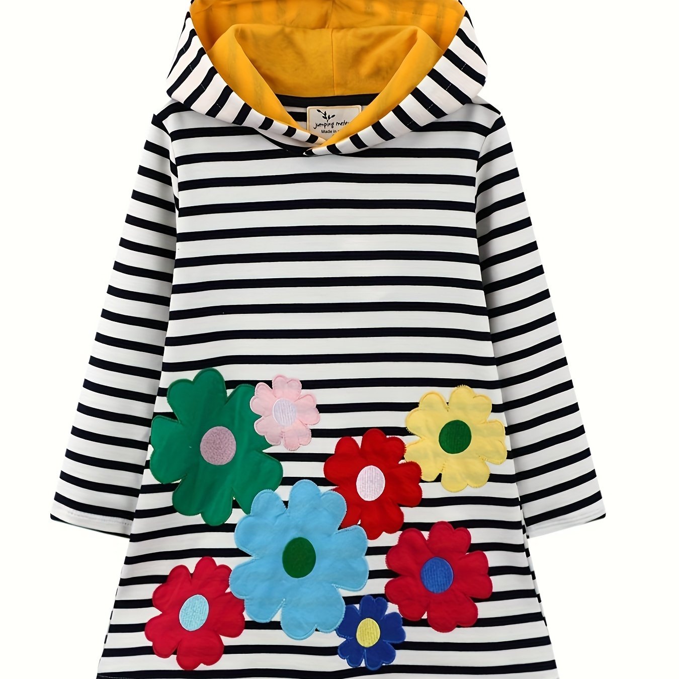 Image of Girls' Autumn/winter Christmas Rainbow Unicorn Striped Print Pattern Long Sleeve Dress With Casual Random Hooded Hat, Striped Skirt, 2-7y