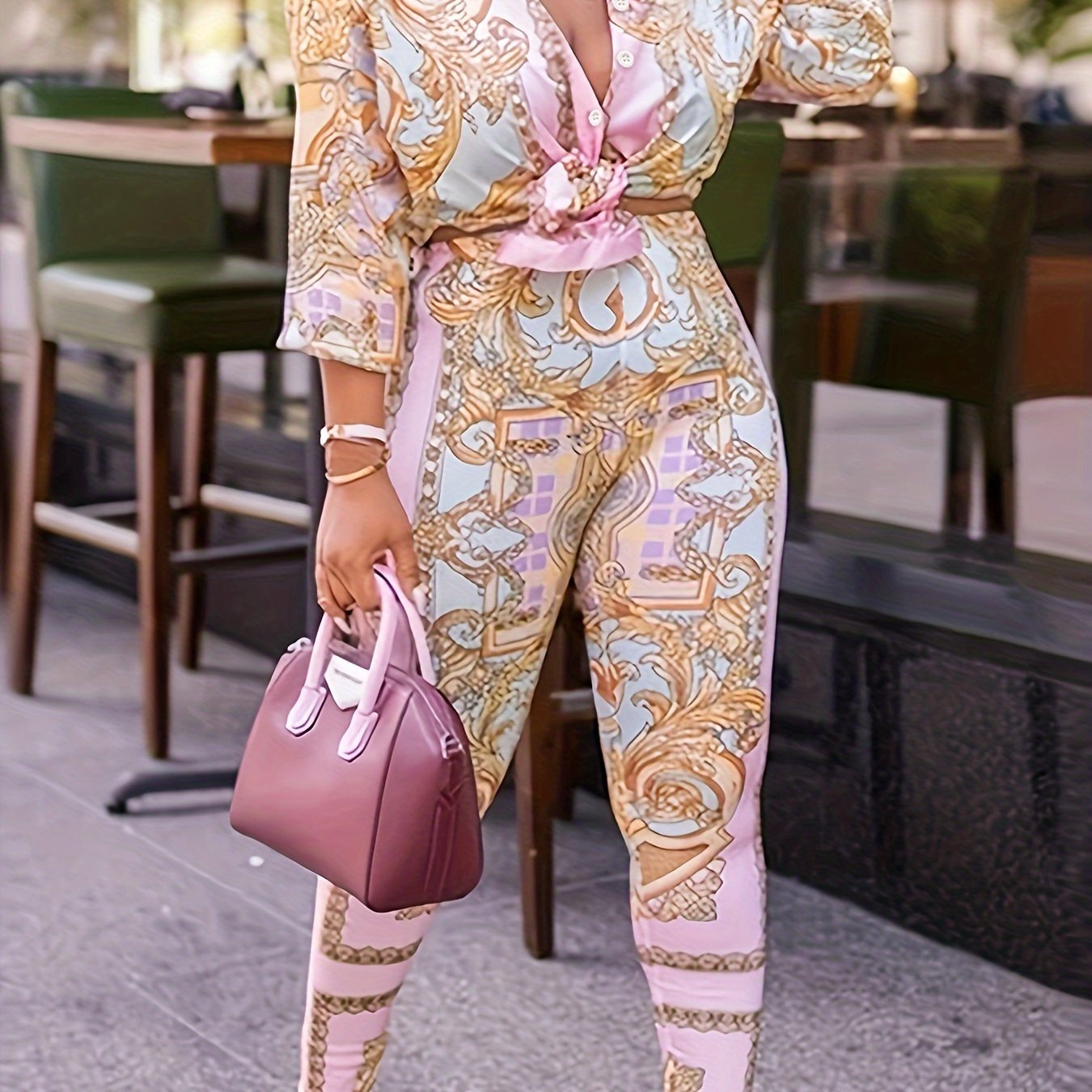 Plus Size, British Print Two-piece Pencil Long Sleeve Set