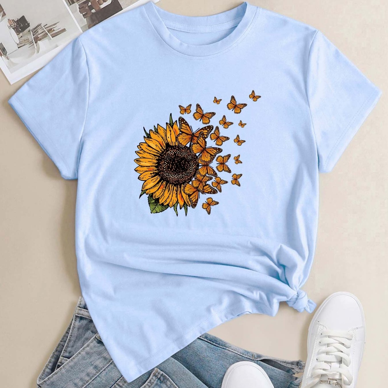 Sunflower Butterfly Print Crew Neck T-shirt, Casual Loose Short Sleeve  Fashion Summer T-Shirts Tops, Women's Clothing