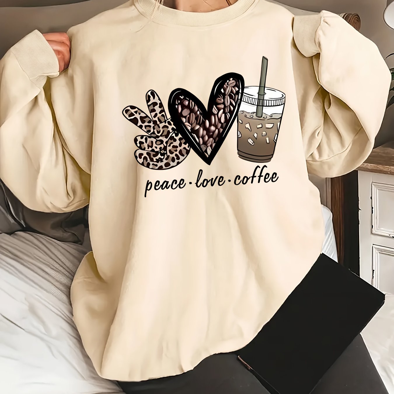 TEMU Plus Size - Plus Size - Peace And Letter Print Women's Long Sleeve Round Neck Casual Plus Size Sweatshirt Top