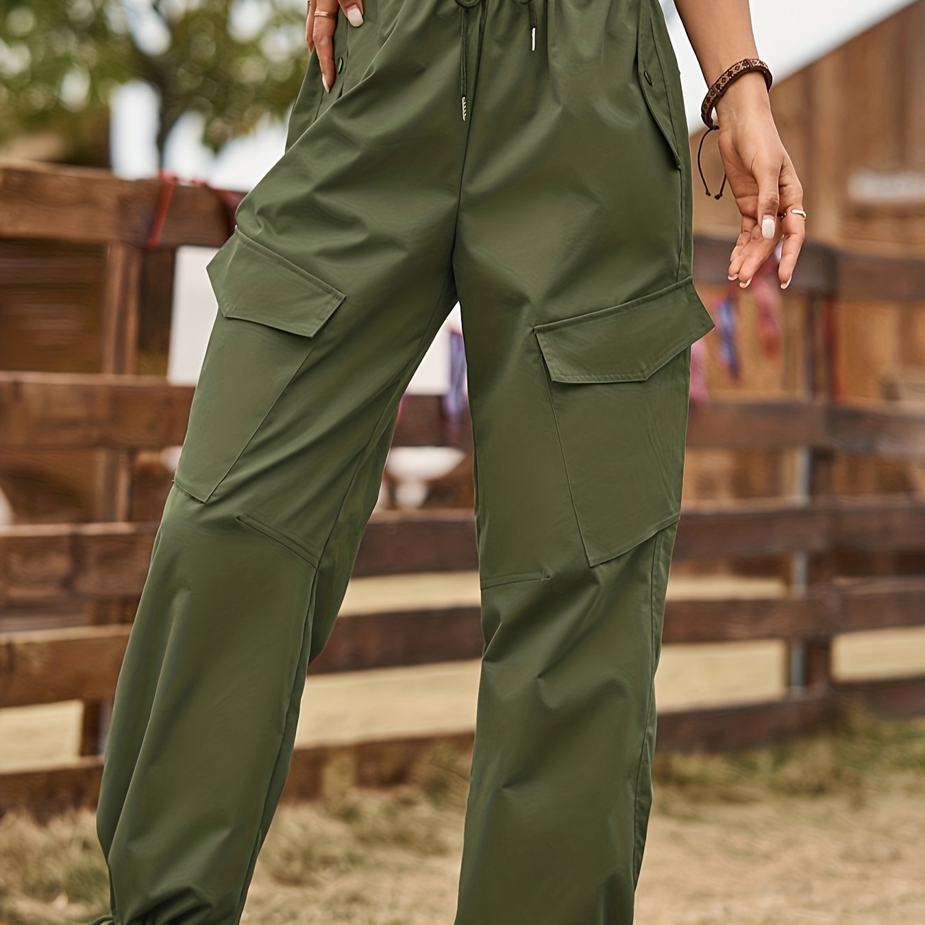 Fashion （Green）Pofash Solid Black Flap Pocket Cargo Pants Women Clothing  Mid Waist Autumn Long Pencil Pants Mujer Slim Zipper Casual Trousers WJu