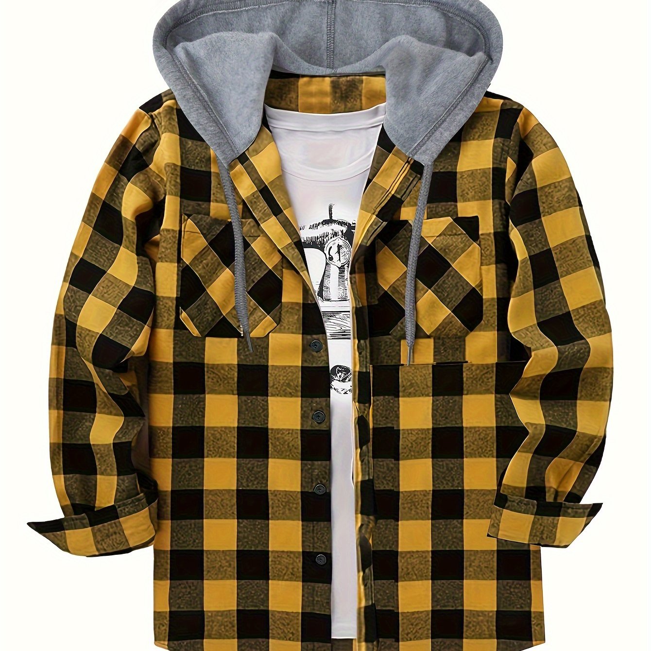 Men's Lined Hooded Flannel Shirt Jacket Quilted Plaid Coat Button Down  Plaid Button Up Winter Jackets