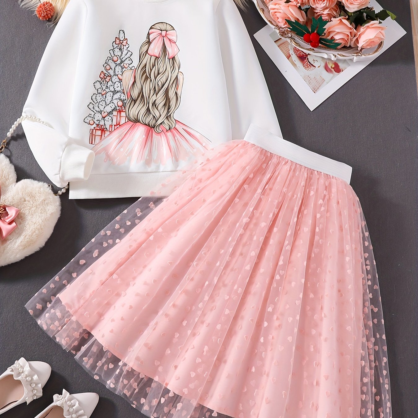 Girls' Autumn/winter Two-piece Set: Printed Long-sleeve Sweatshirt And Mesh Polka Dot Skirt