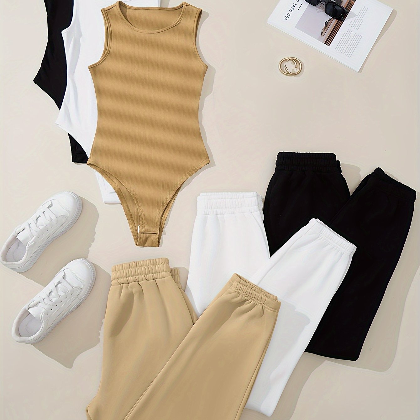 Image of 3pcs Set: European And Spring/summer Casual Solid Color Bodysuit For Women, Ribbed Slim- Neck Tank Top Bodysuit With High-waist Drawstring Long Pants 2pcs Set