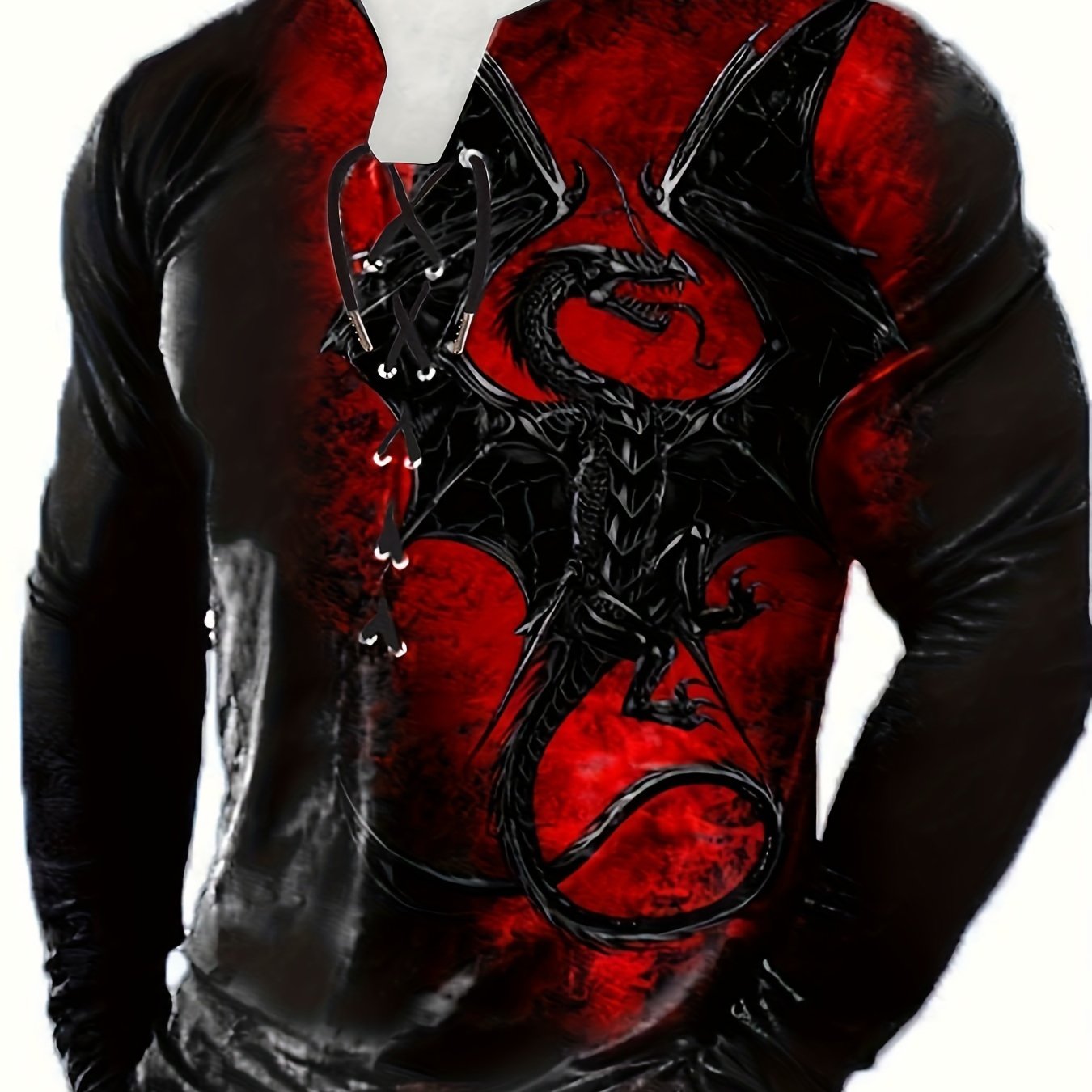 Men's 3d Dragon Print Henley Shirt - Casual Long Sleeve, Stretch Fabric, Machine Washable - Spring & Fall