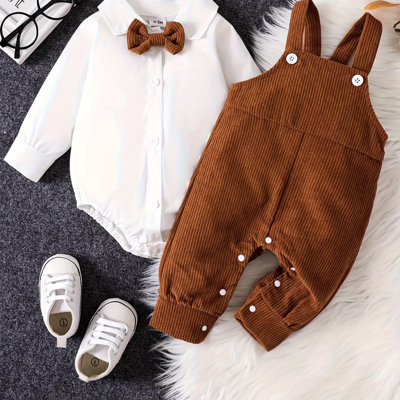 Image of Baby Toddler Boy Spring/autumn White Long Sleeve Bodysuit And Overalls Gentleman 2pcs Set, For Outdoor