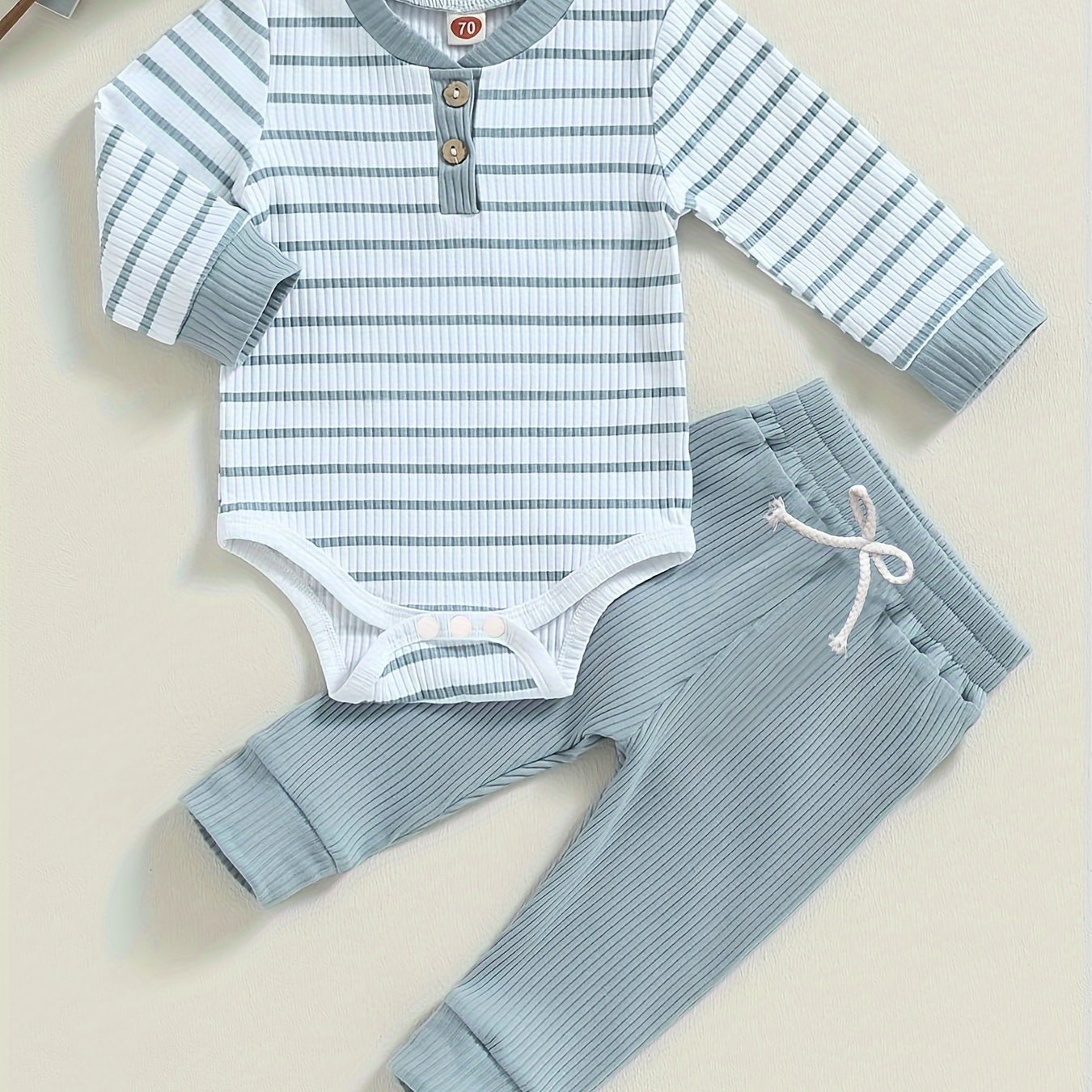 TEMU Baby Striped Long-sleeved Romper And Pants Set (plastic ), Fabric Is Comfortable And Soft To Wear, For Outdoor