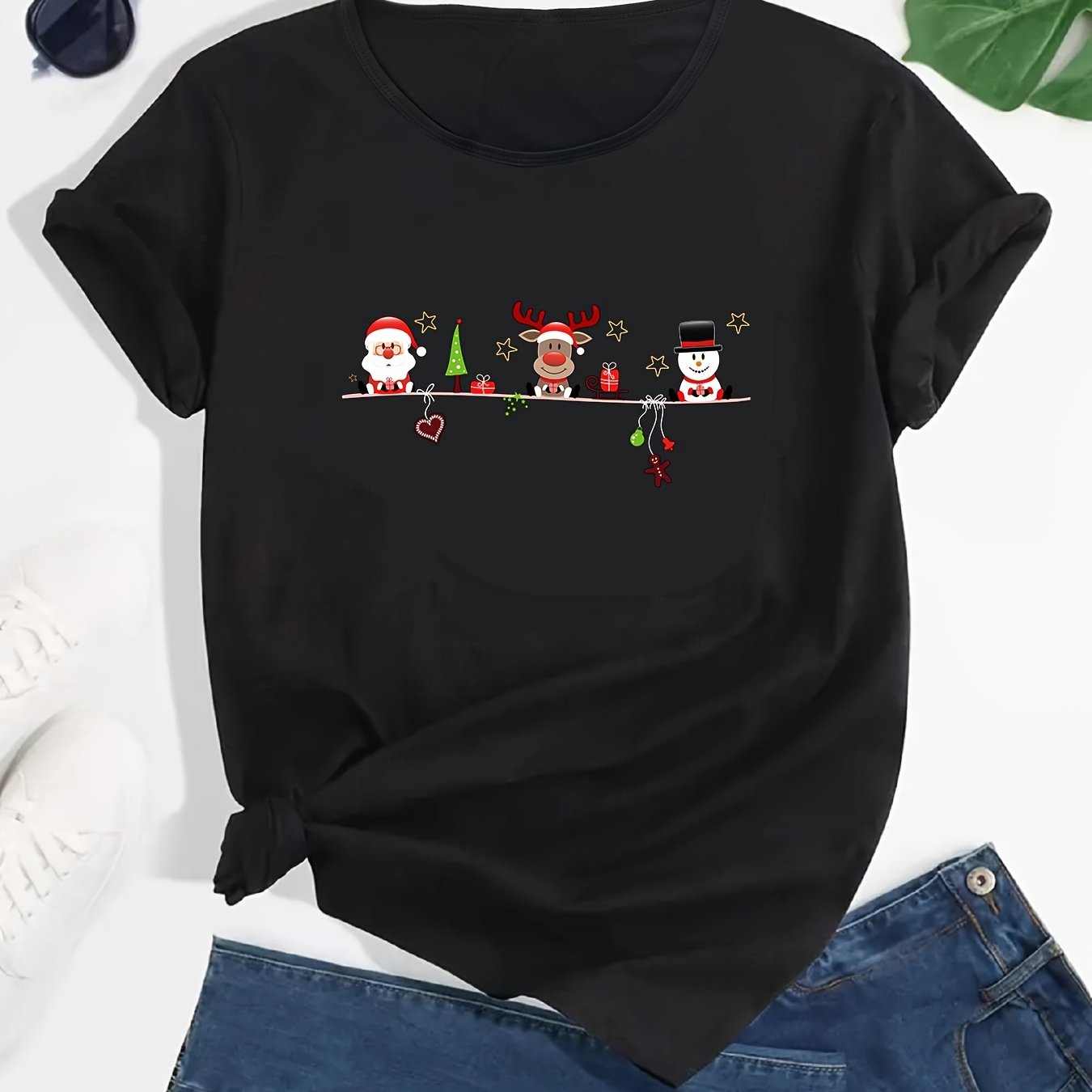 Christmas Cute Santa Reindeer Snowman Print T-shirt, Crew Neck Short Sleeve T-shirt, Casual Sport Tops, Women's Clothing