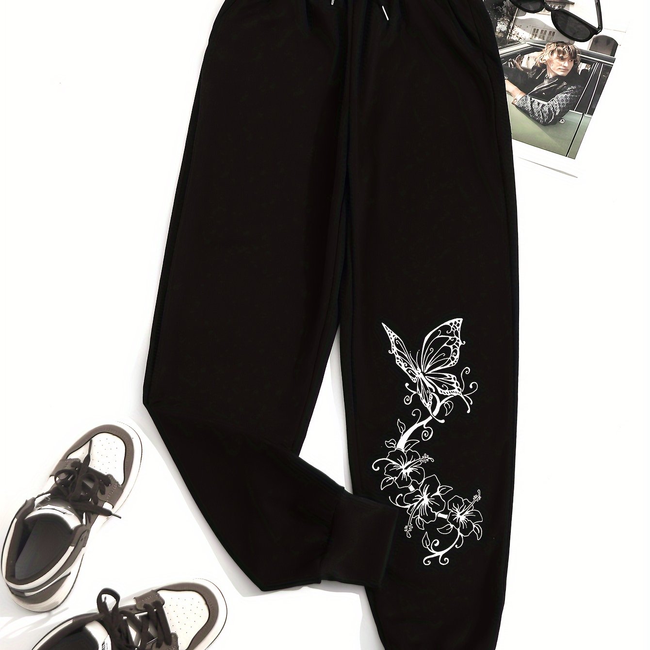 Butterfly & Flower Print Jogger Pants, Casual Drawstring