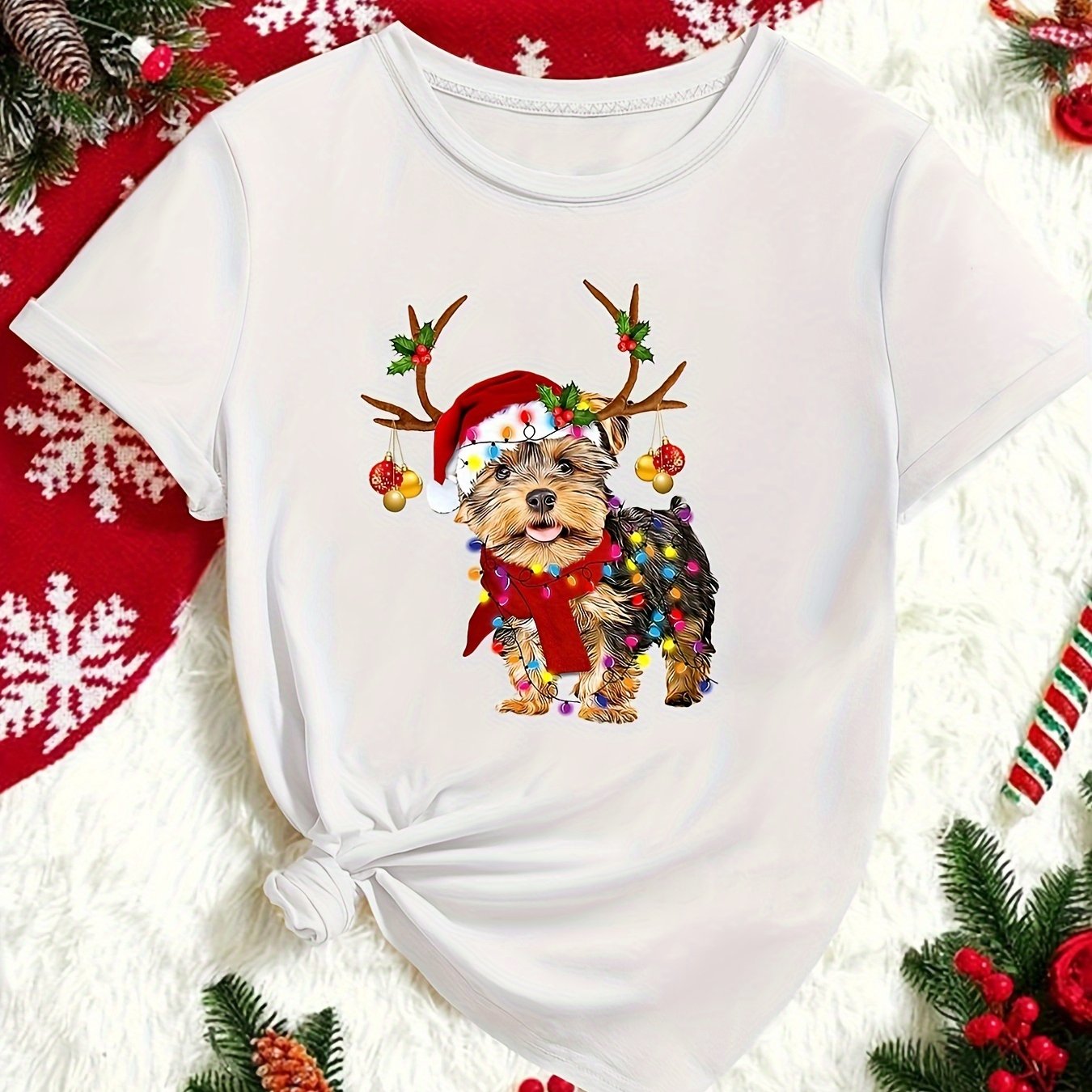 TEMU Women's Christmas Graphic T-shirt - Festive Yorkshire Terrier Santa Hat & Lights Print, Soft Round Neck Short Sleeve Tee, Machine Washable