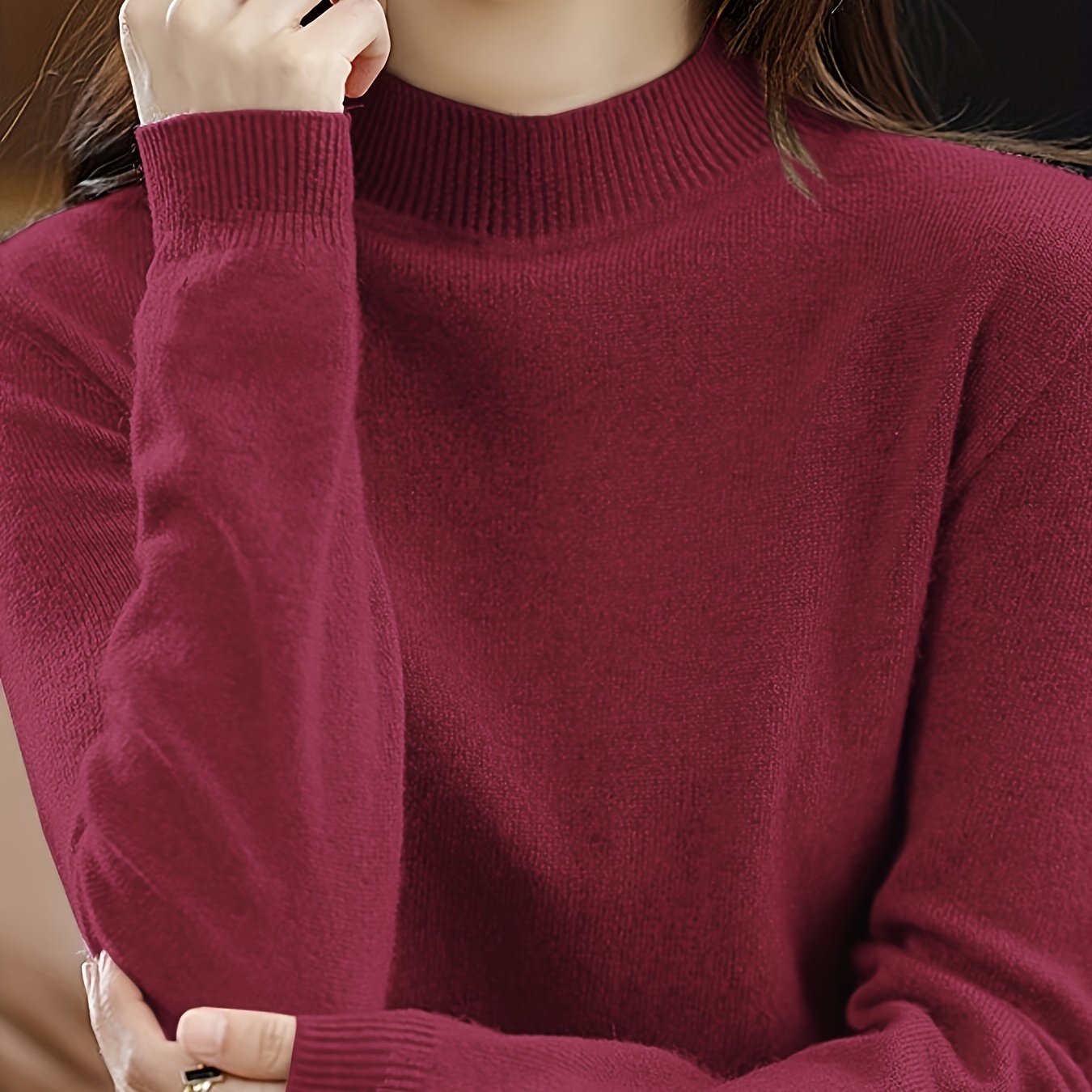 TEMU Solid Mock Neck Knit Sweater, Casual Long Sleeve Simple Sweater, Women's Clothing