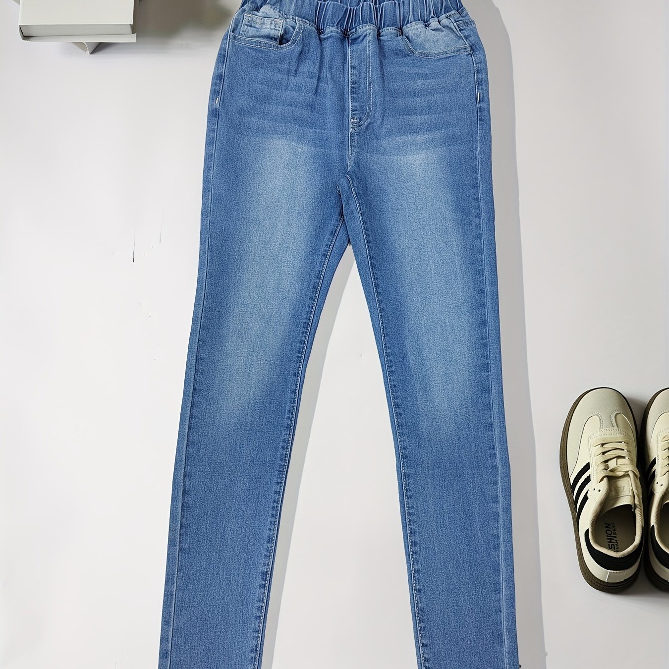 High Waist Elastic Waistband Skinny Jeans Slash Pocket High - Temu