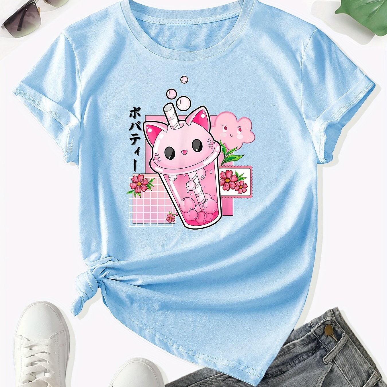 Camiseta Boba Tea Cat Bubble Print, Kawaii Crew Neck Manga Curta