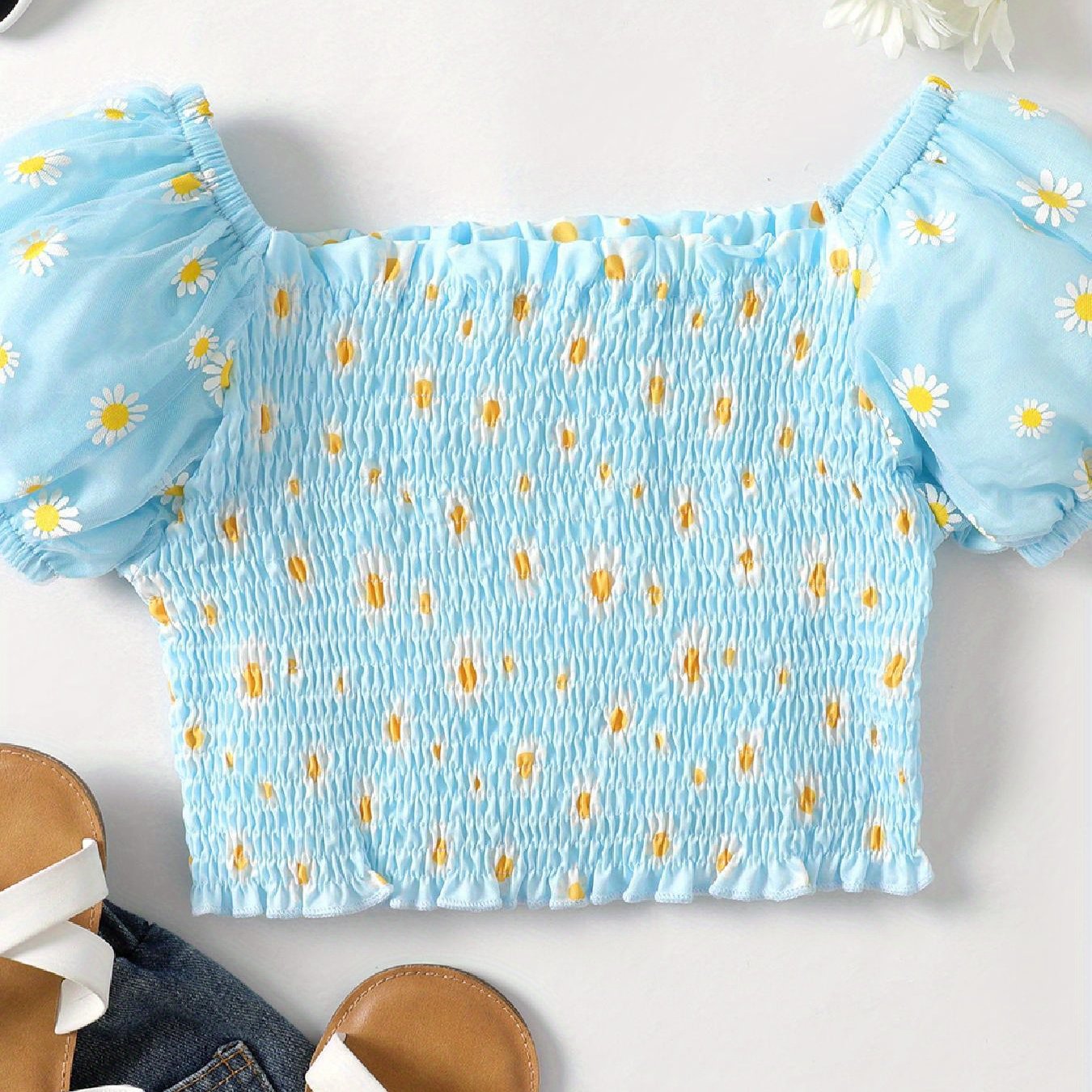 Kid Girl Daisy Print Short sleeve Smocked Tee - Temu