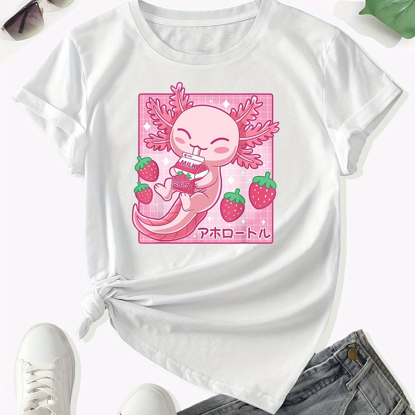 Camiseta De Gola Redonda Com Estampa De Desenho Animado Axolotl, Camiseta  De Manga Curta Kawaii Para Primavera E Verão, Roupas Femininas, Compre  Mais, Economize Mais