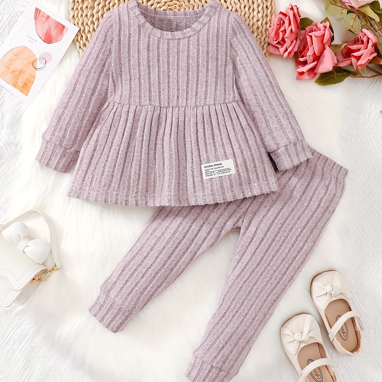 Image of Baby Girl's Autumn And Winter Solid Color Versatile Pinstripe Set Is A Must-have For Keeping Warm And Cold In Winter, Suitable For Going Out And School, Wearing And Popular Clothing, For Outdoor