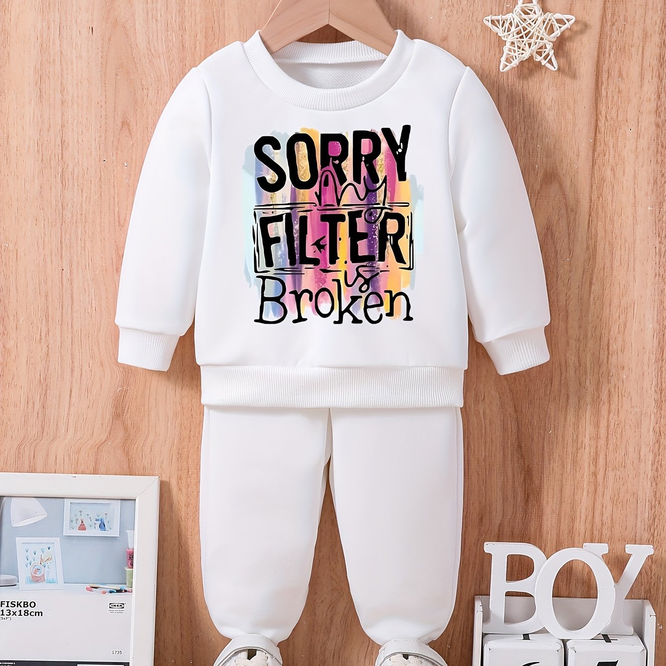 2pcs SORRY FILTER BROKEN Graphic Sweatshirt Trousers Set, Toddler Casual  Outfit Clothes, Winter/fall