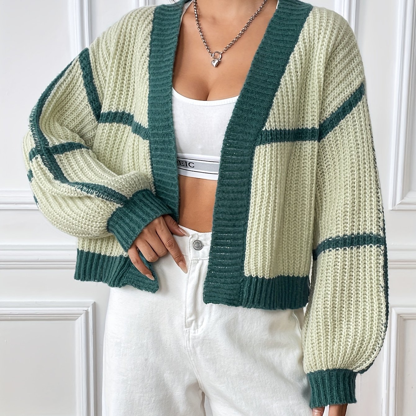 Cardigan Sweaters Outwear For Women Knit Contrast Stitch Crop