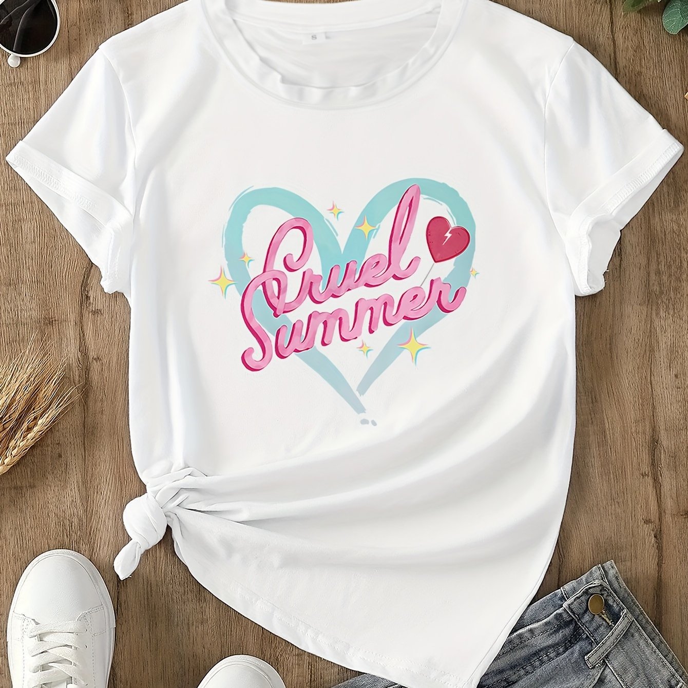 TEMU Women's Short-sleeve Round-neck T-shirt With Heart Letter Print