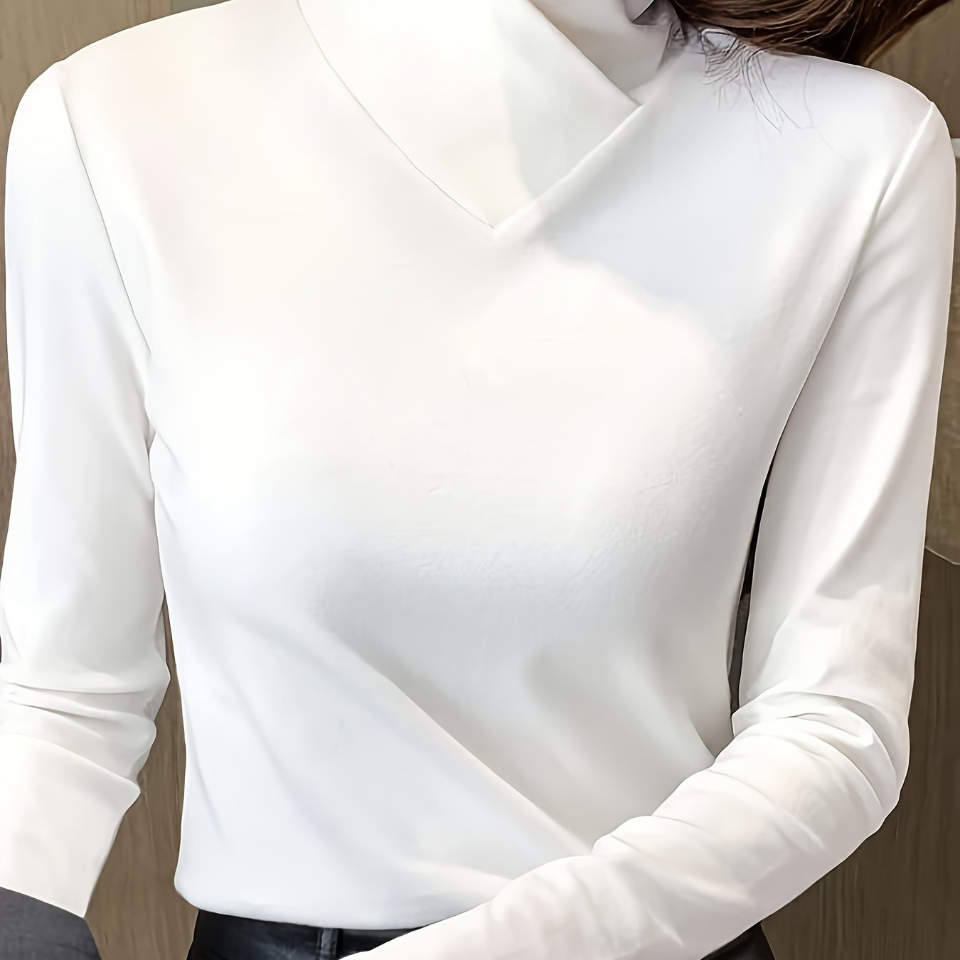 TEMU Solid Color Cross-collar T-shirt, A Sexy High-neck Sweater For Women And Autumn, Long-sleeve Solid Top, Regular Length, Suitable For Wearing In All