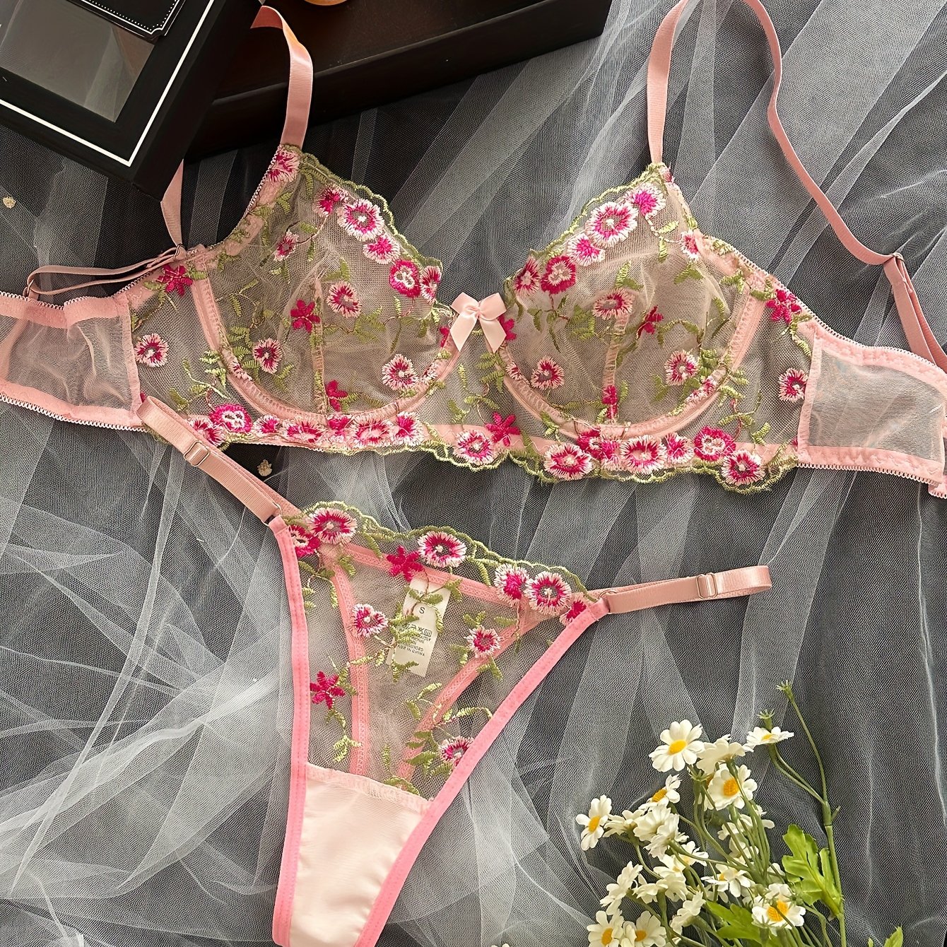 Floral Embroidery Lingerie Set Mesh Sheer Unlined Bra + G - Temu