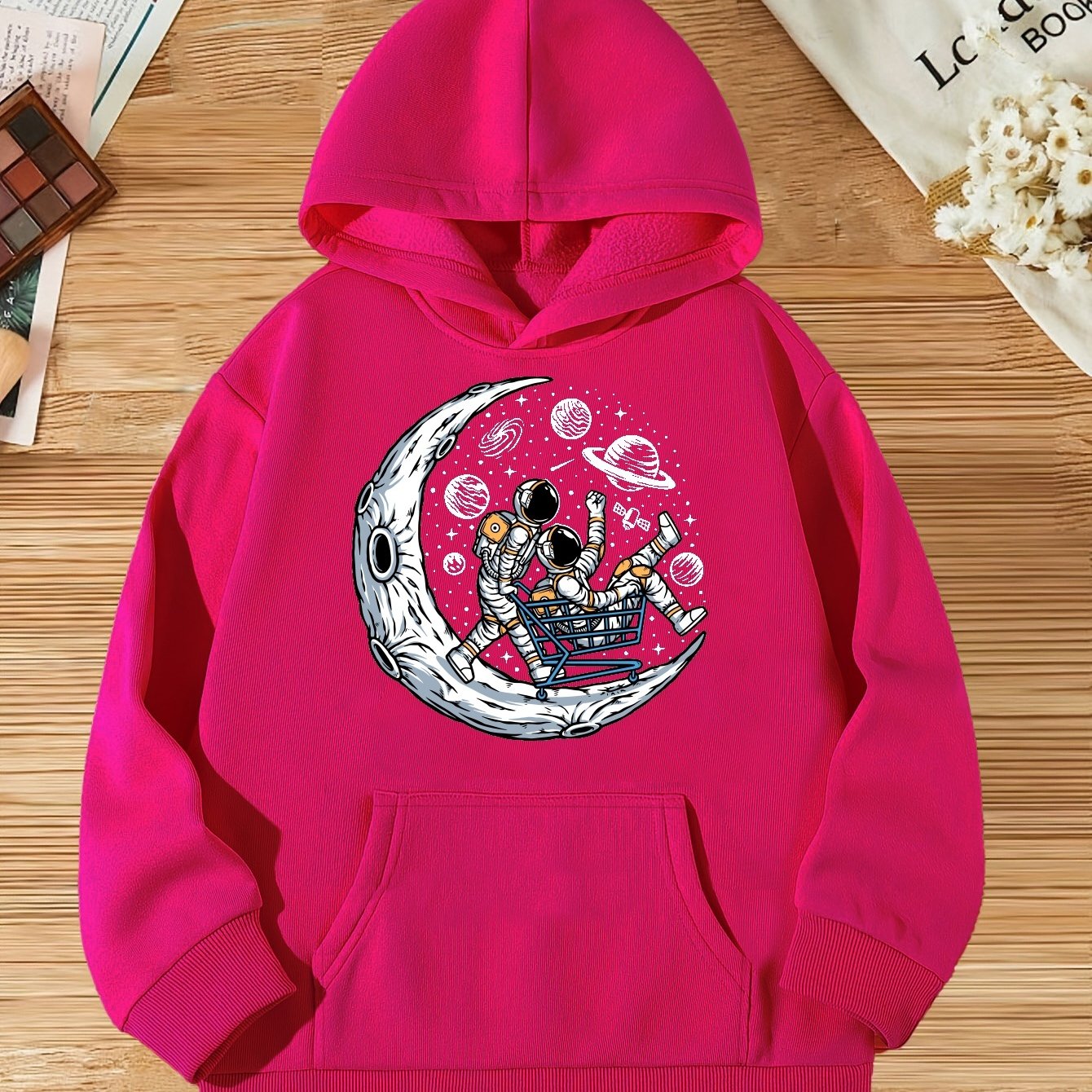 Astronauts In A Shopping Cart'' Graphic Girls Hoodies, Trendy Long Sleeve  Hooded Sweatshirt Tops, Kids Clothes