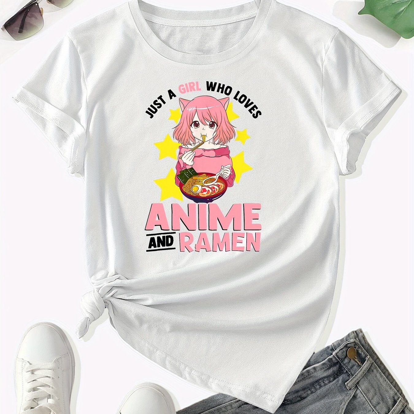 Anime Print Crew Neck T-Shirt, Topo de Manga Curta Fofo para