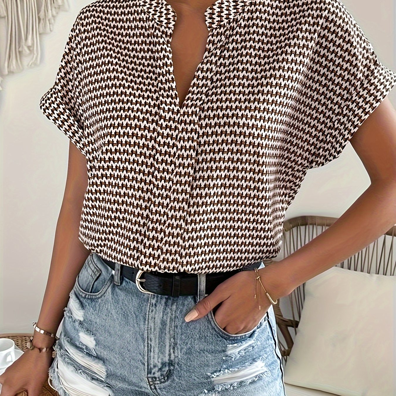 Print Neck Blouse, Casual Short Sleeve Blouse For , Women's Clothing