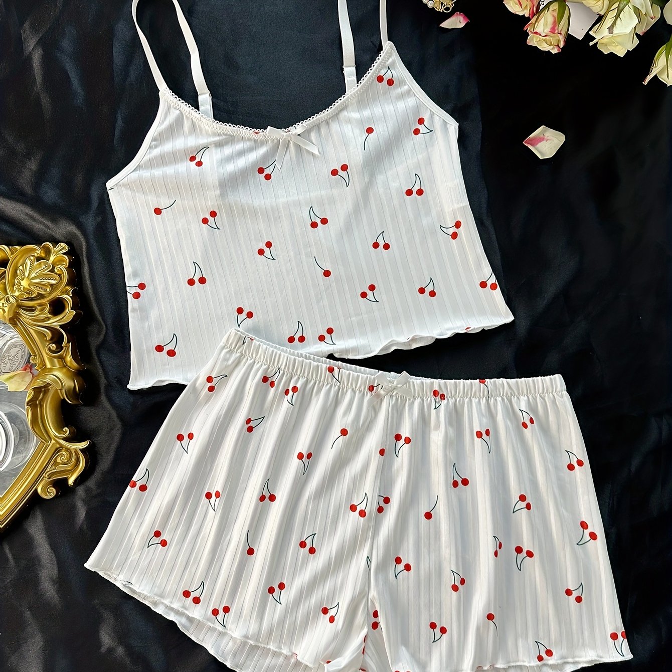 TEMU Cherry Print Pajama Set, Crew Neck Cami Top & Elastic Waistband Shorts, Women's Sleepwear & Loungewear