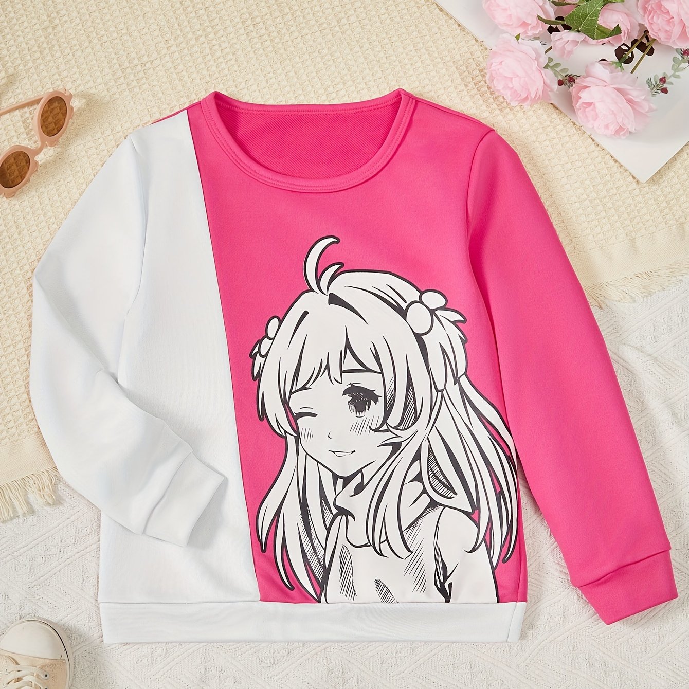 Anime Pattern Girls Graphic Long Sleeve Color Block - Temu