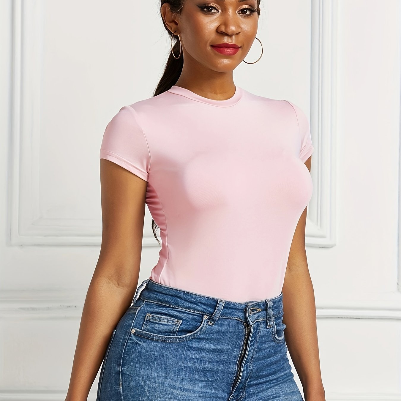 Women's Casual Basic Sleeve Slim Fitted Round Neck - Temu