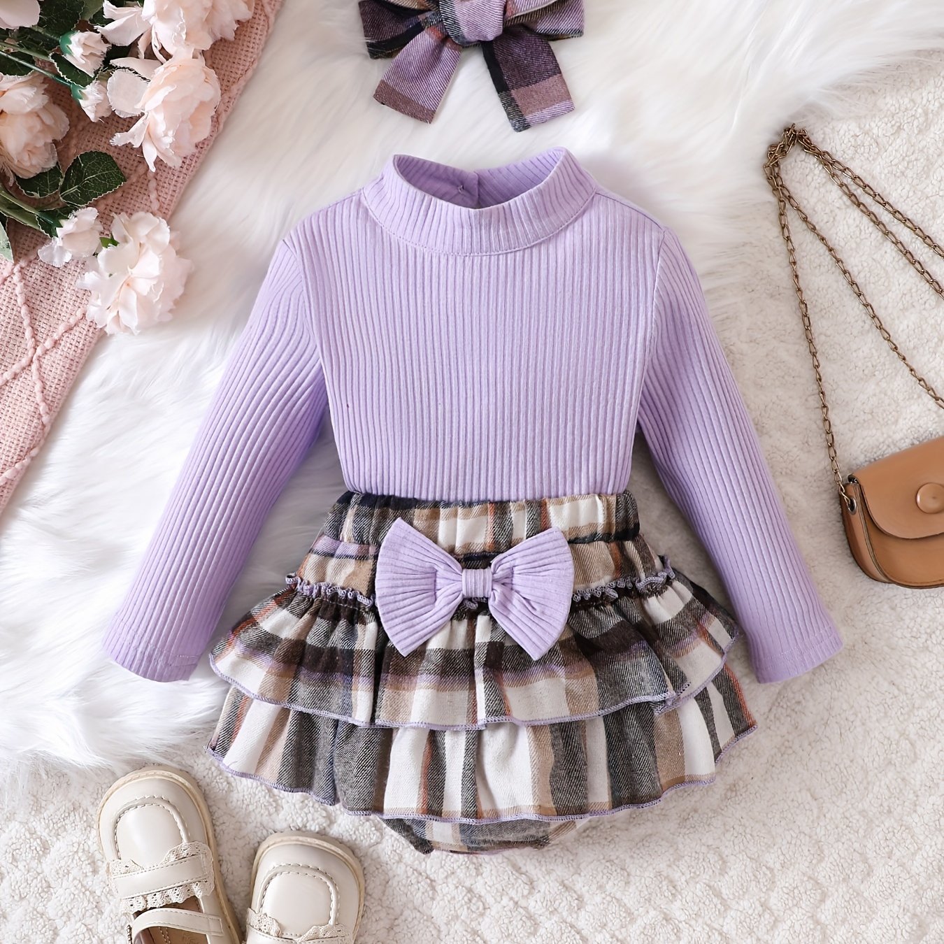Sodopo Toddler Baby Girls Clothes Rib Knit Long Sleeve Ruffle Shirt  Tops+Plaid Mini A-Line Skirt Two Piece Set Kids Fall Winter Outfit