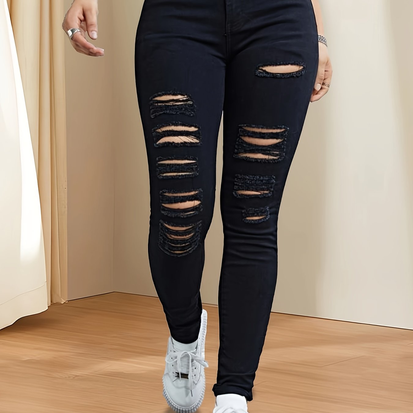 black ripped holes skinny jeans slim fit high stretch casual tight jeans womens denim jeans clothing