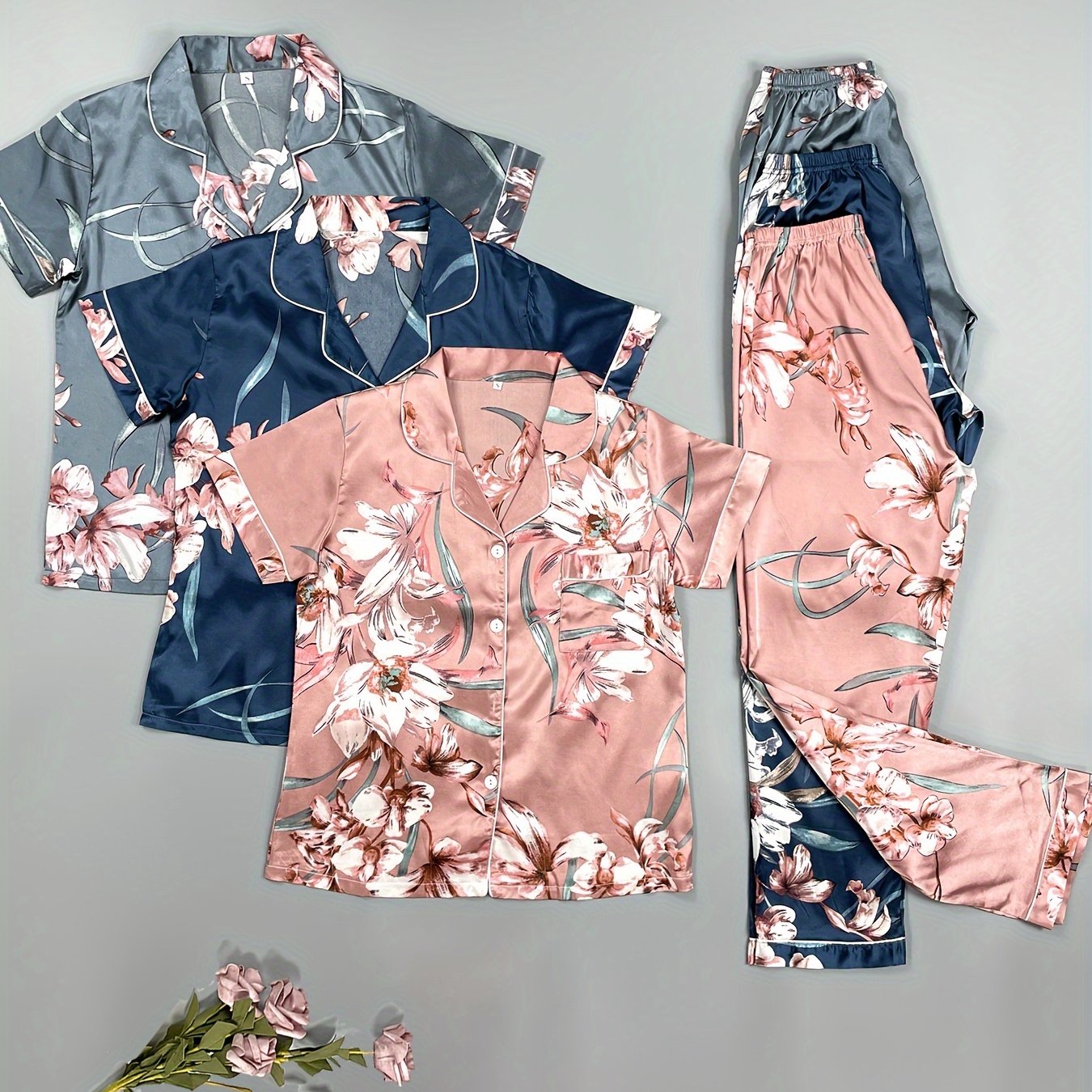 TEMU Sets Of Six-piece Satin Pajama Sets, Printed Color D Short-sleeved Turned Collar Button- Cardigan Top And Waist Trousers, Women's Pajama Combination Set