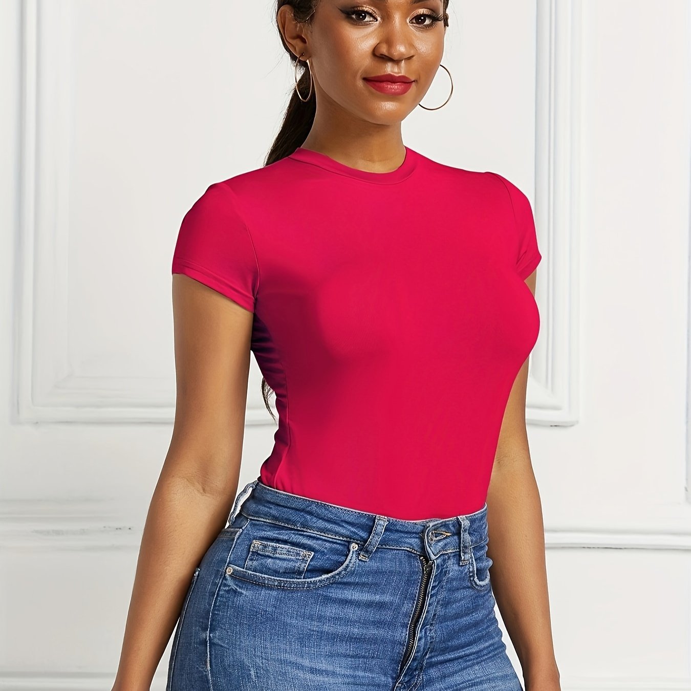 Women's Casual Basic Sleeve Slim Fitted Round Neck - Temu Philippines