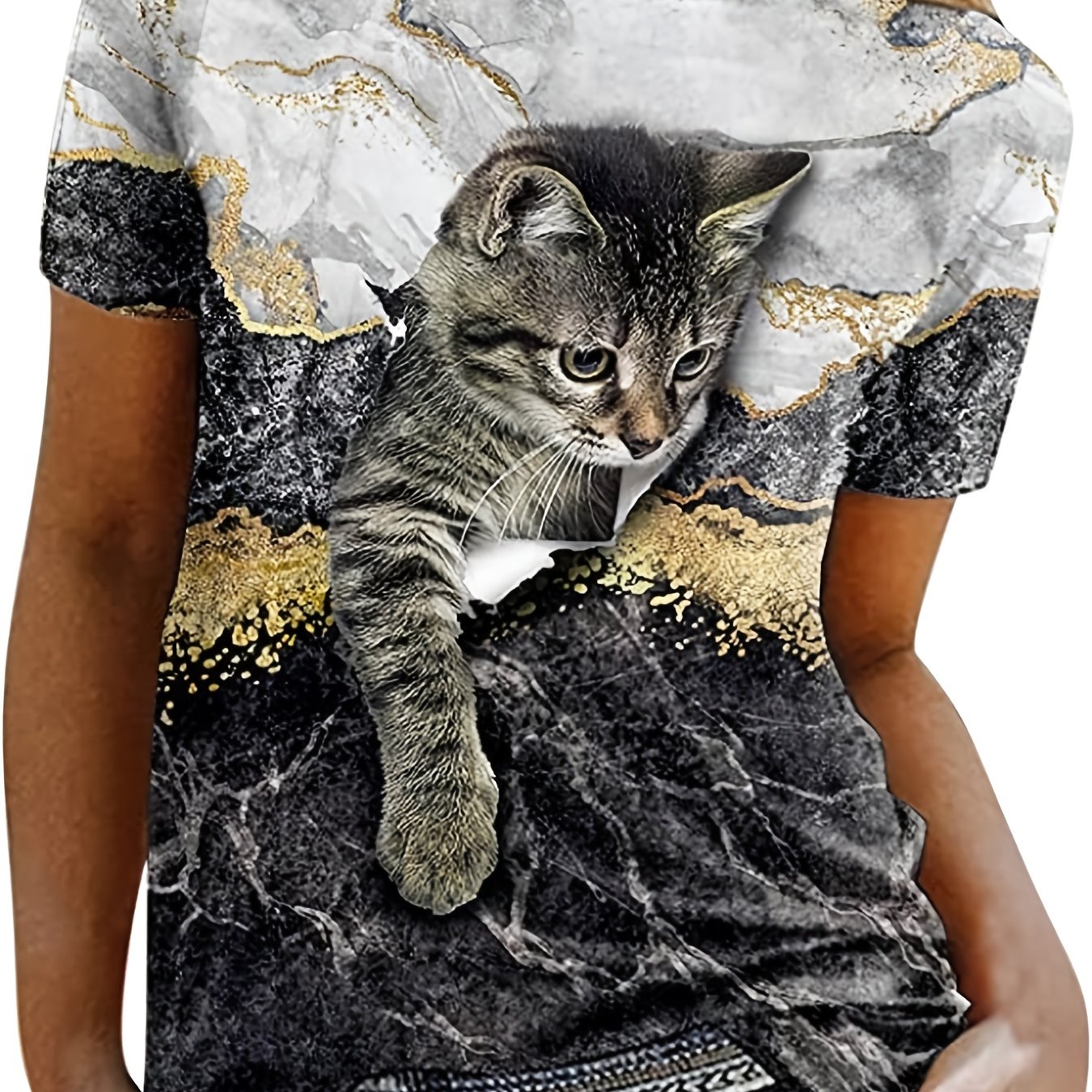 TEMU Cute Cat Marble Print T-shirt, Casual Crew Neck Short Sleeve Summer T-shirt, Women's Clothing