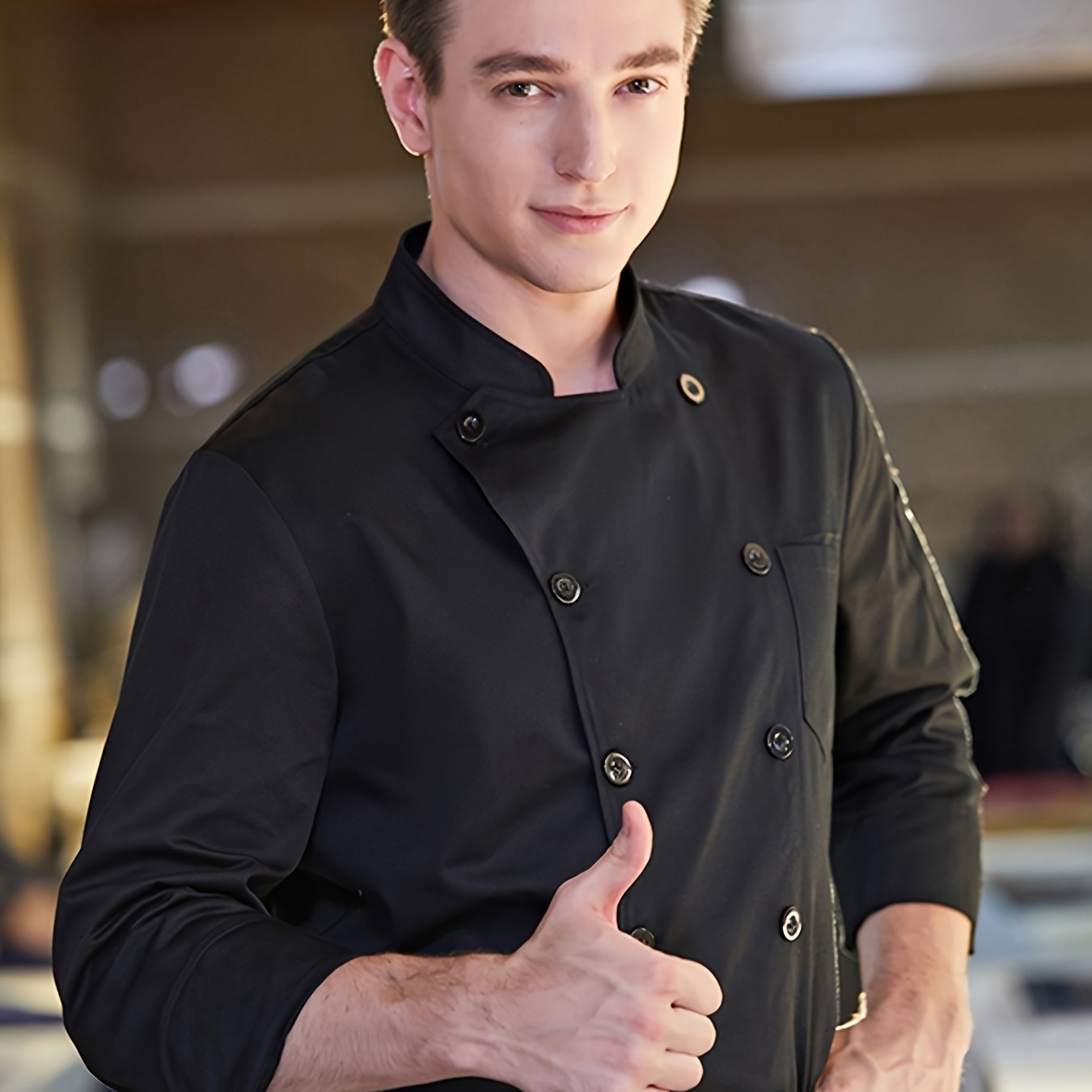 Men's Chef Coat Long Sleeve Classic Boat Neck Solid Color Non-stretch Fabric With Buttons - Professional Kitchen & Restaurant Cooking Baking Uniform, Regular Fit