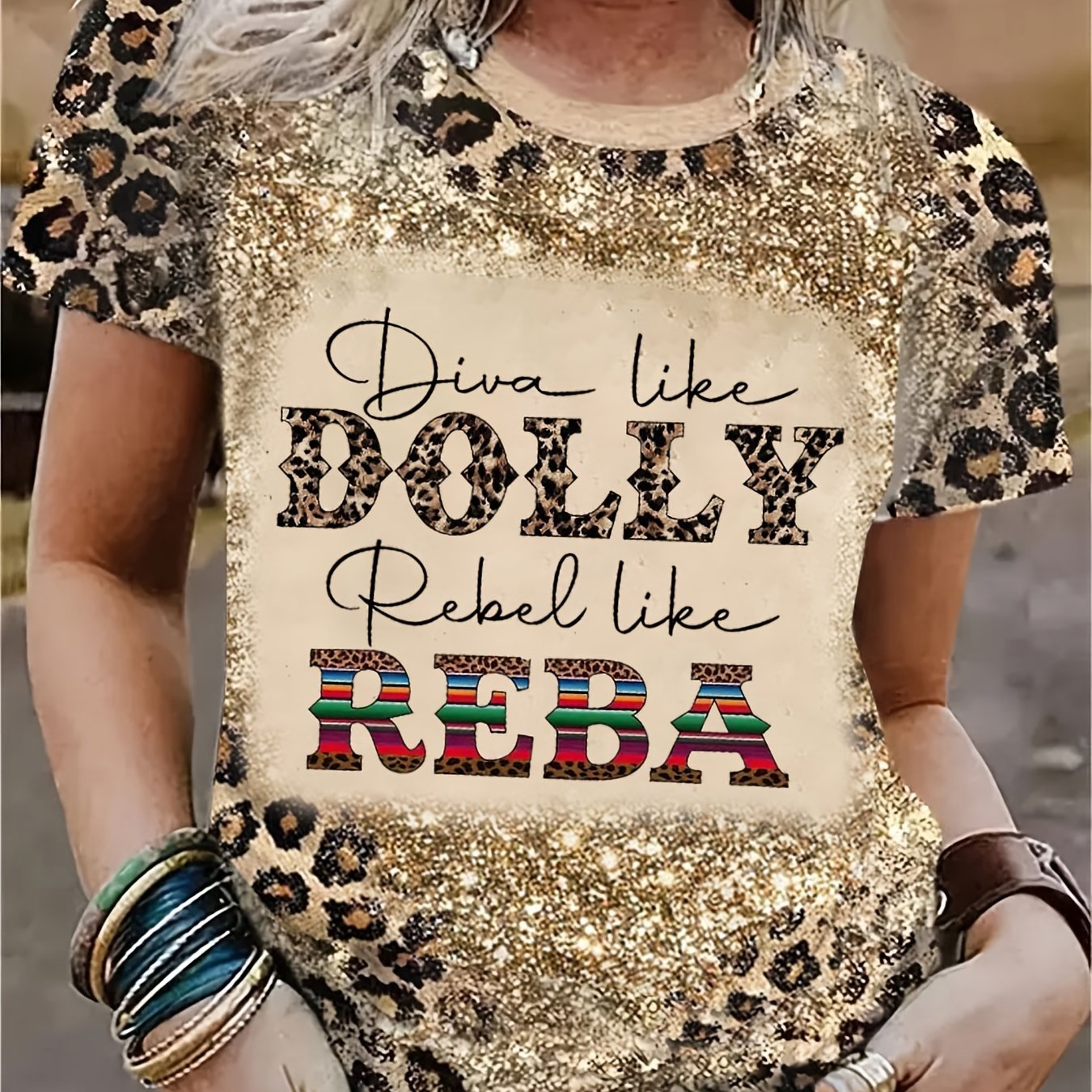 Leopard Letter Print T-shirt, Vintage Crew Neck Short Sleeve T-shirt, Women's Clothing