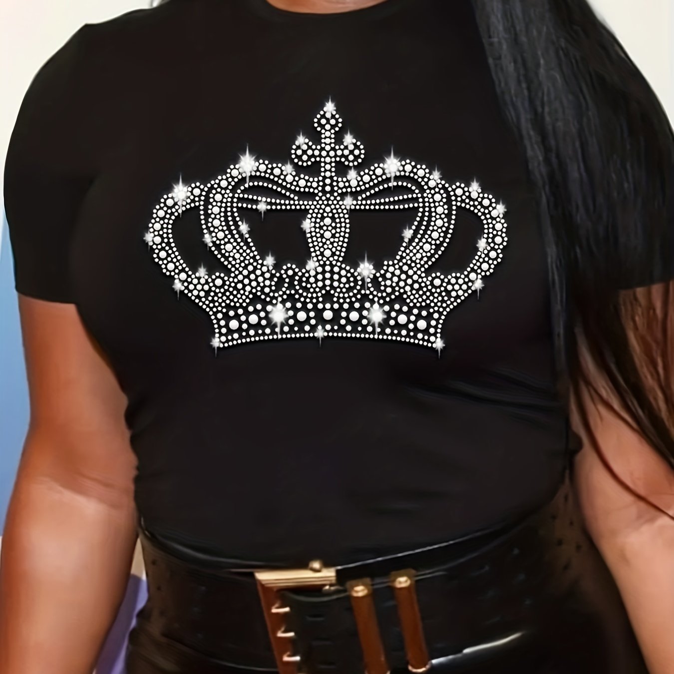 Womens T-Shirt Rhinestone Bling Black Tee Queen Crown Sparkle White Crew  Neck Medium