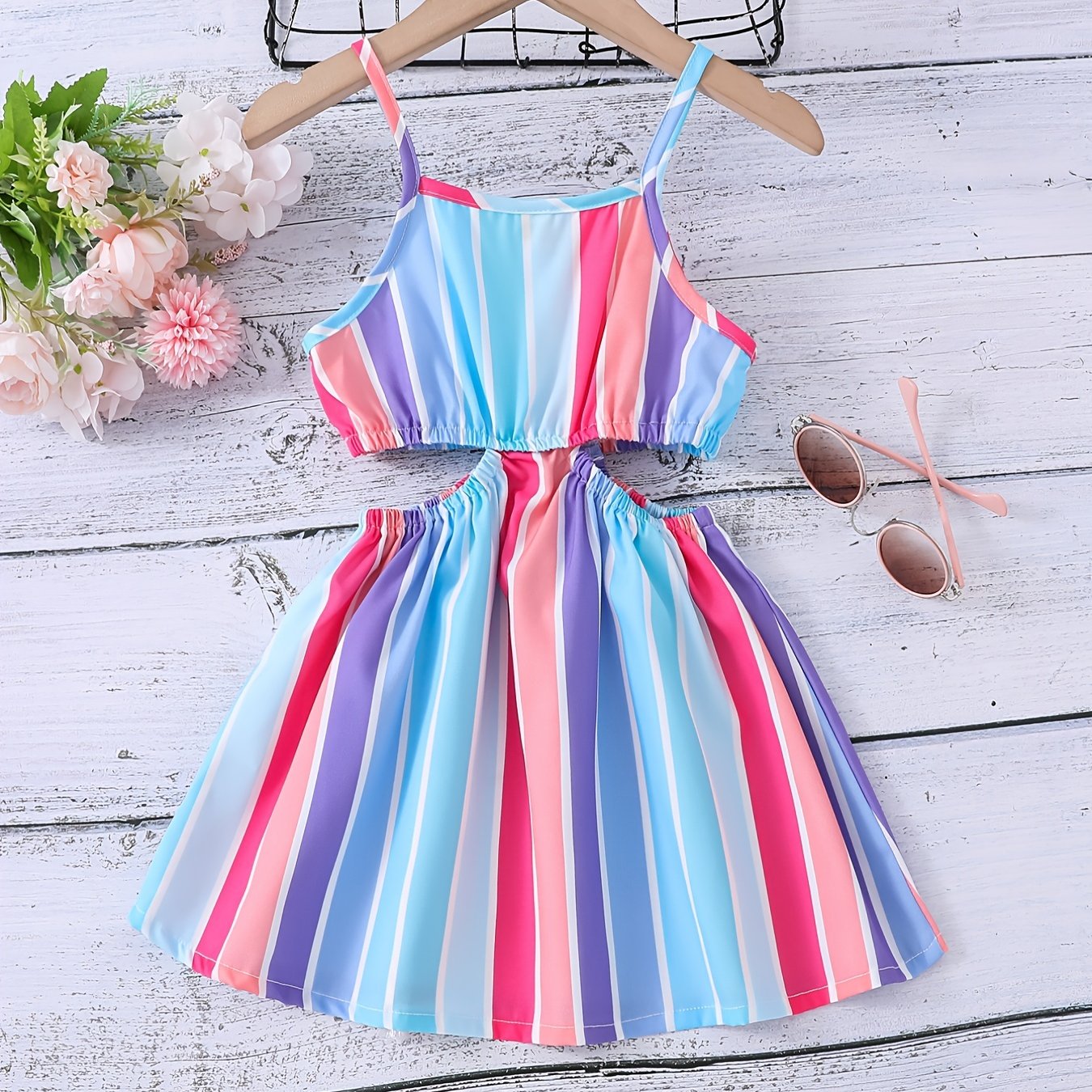 Multi Striped Thin Strap Sleeveless Dress for Girls