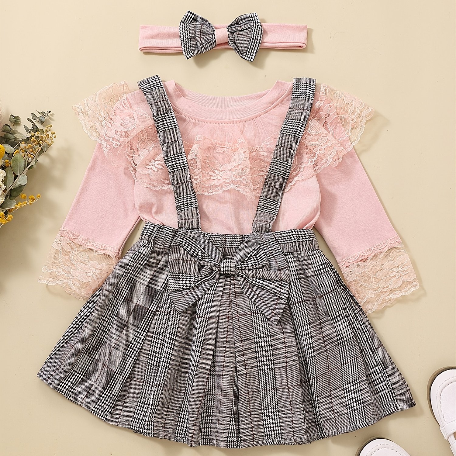 Toddler Girls Cute Lace Trim Crew Neck Gingham Cami Dress Sets Headband ...