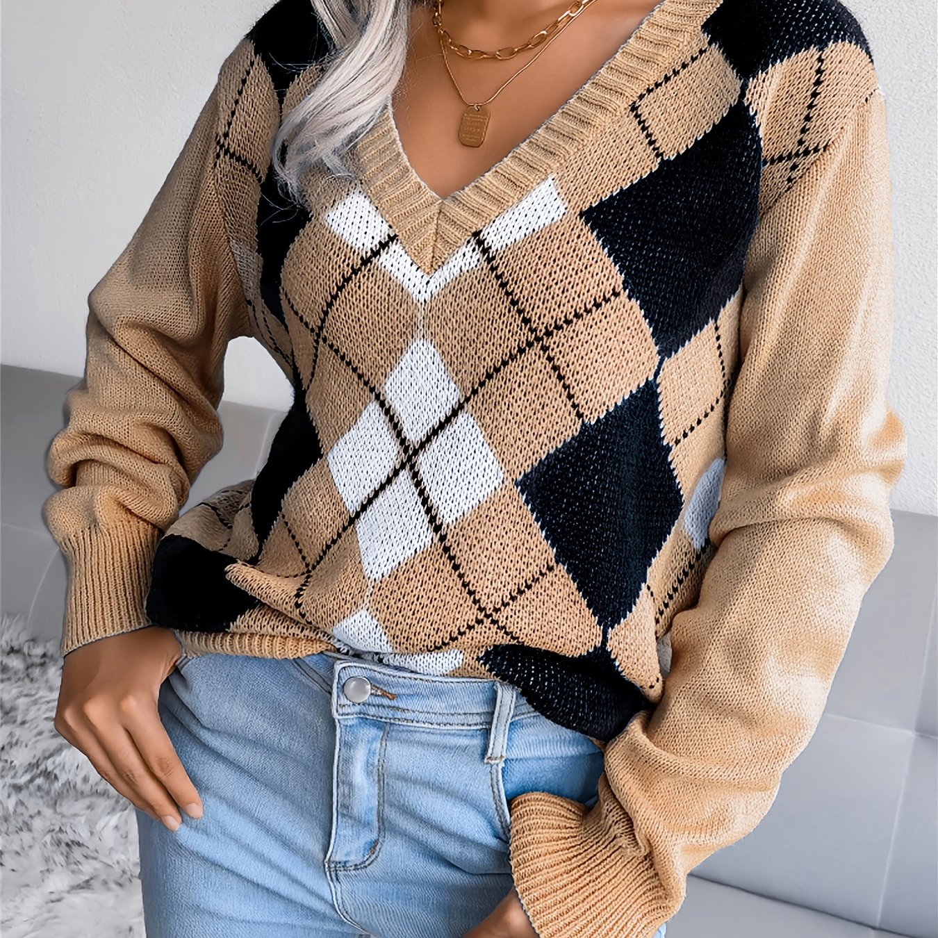 Retro Argyle Print Graphic V Neck Long Sleeve Sweater Casual