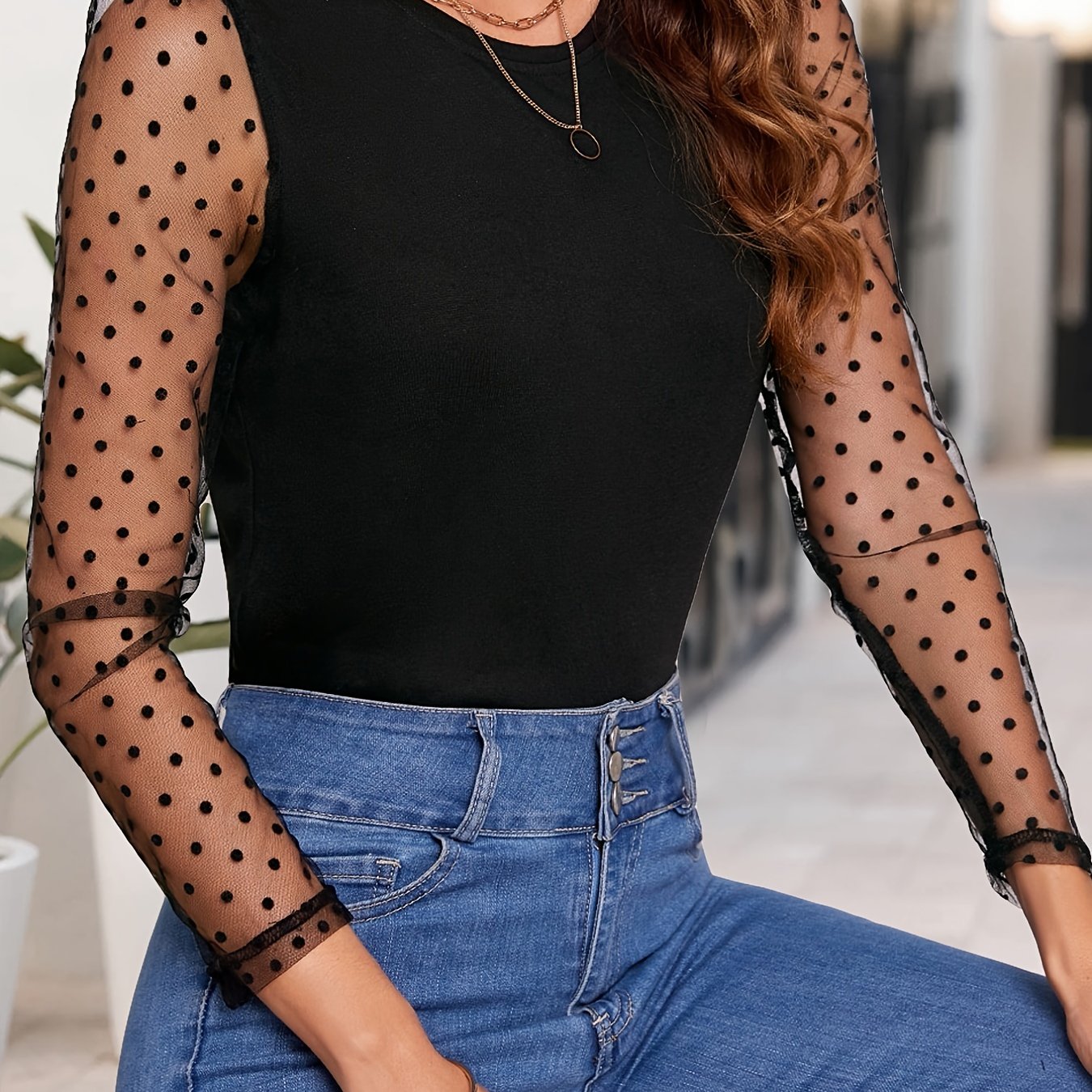 Polka Dot Print Sheer Mesh Shirt Sexy Crew Neck Long Sleeve - Temu