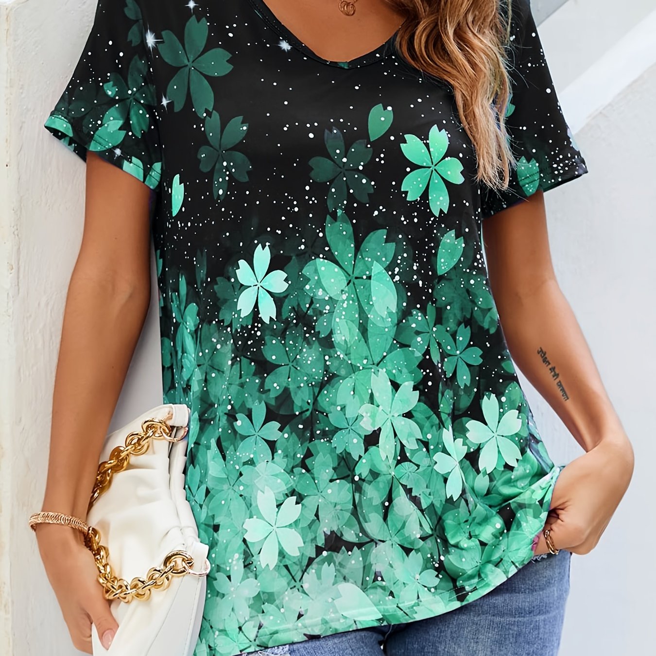 Floral Print T Shirt V Neck Short Sleeve T Shirt Casual Every Day