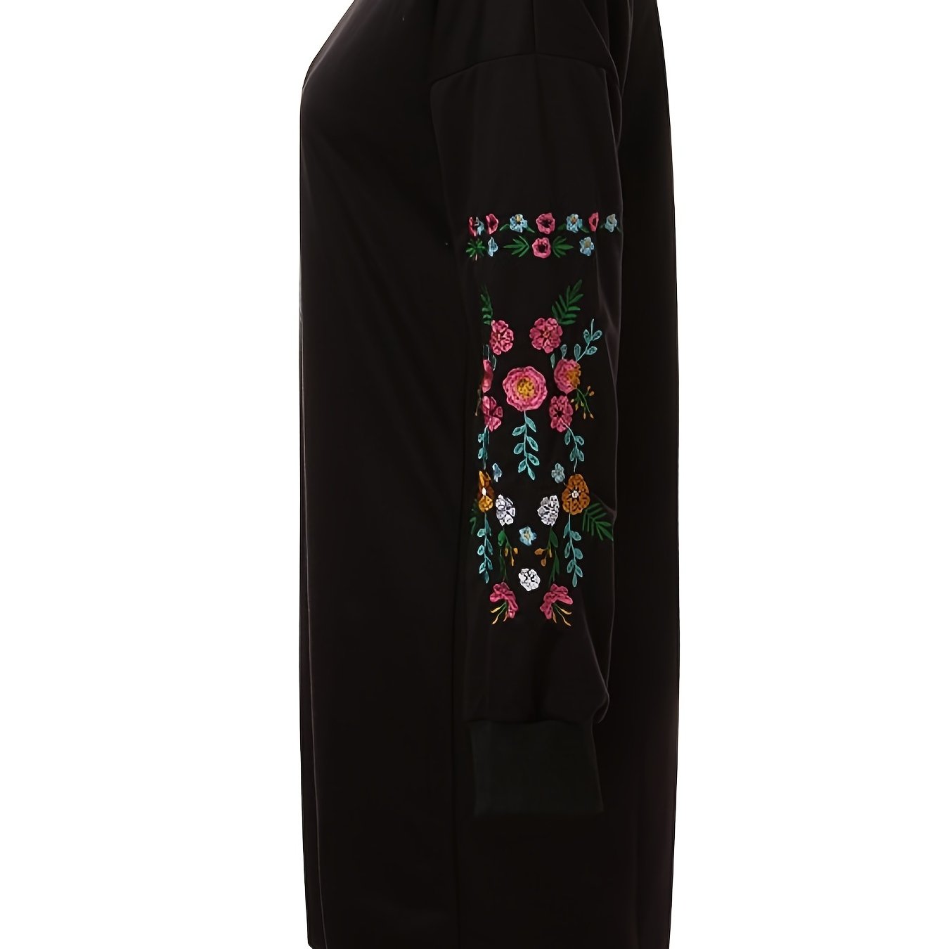 Plus Size Embroidered Floral Long Sleeve Sweatshirt Dress, Women's Plus Elegant Medium Stretch Sweatshirt Midi Dress