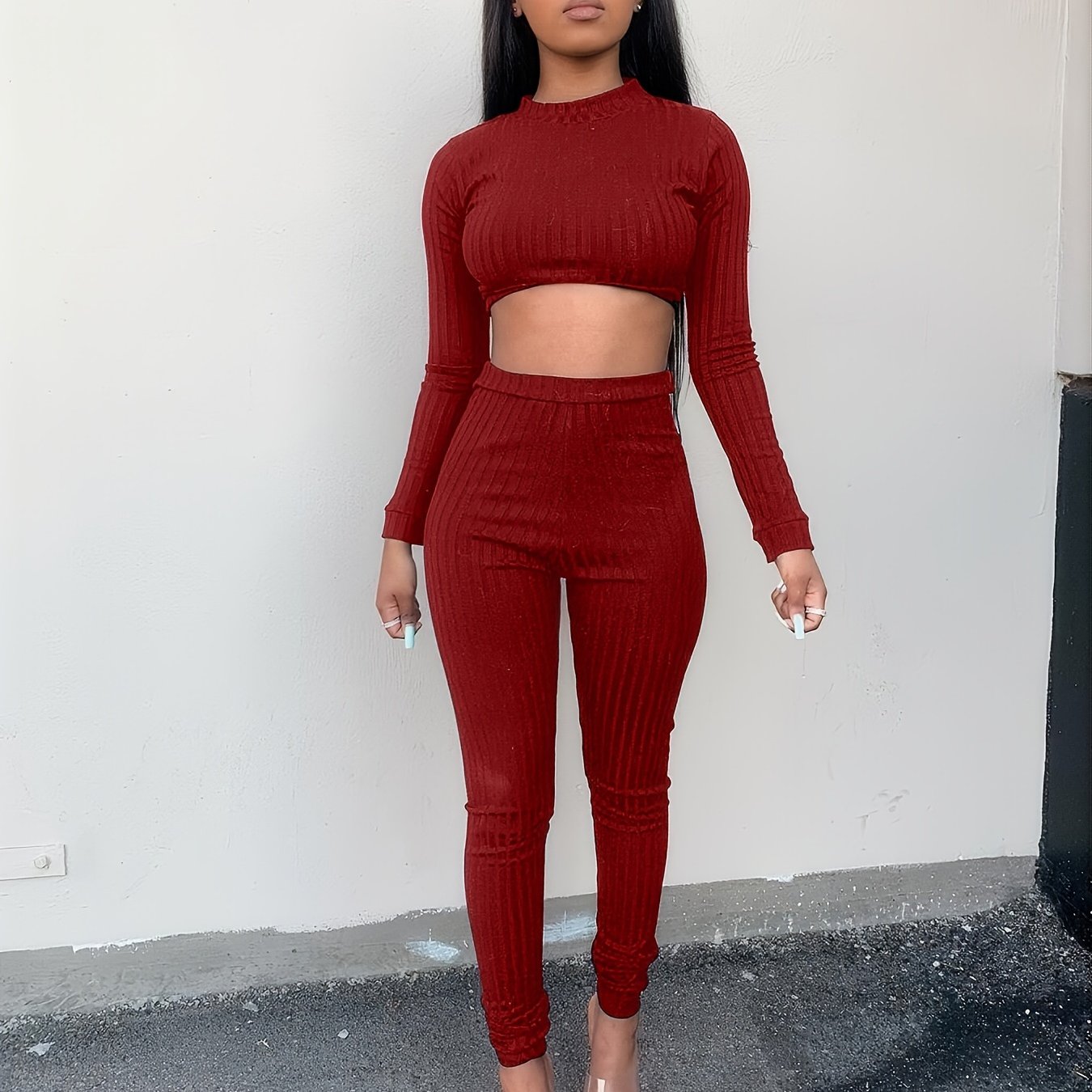 Solid Knit 2pcs Bodycon Set Long Sleeve Crop Top High Waist Stretchy 