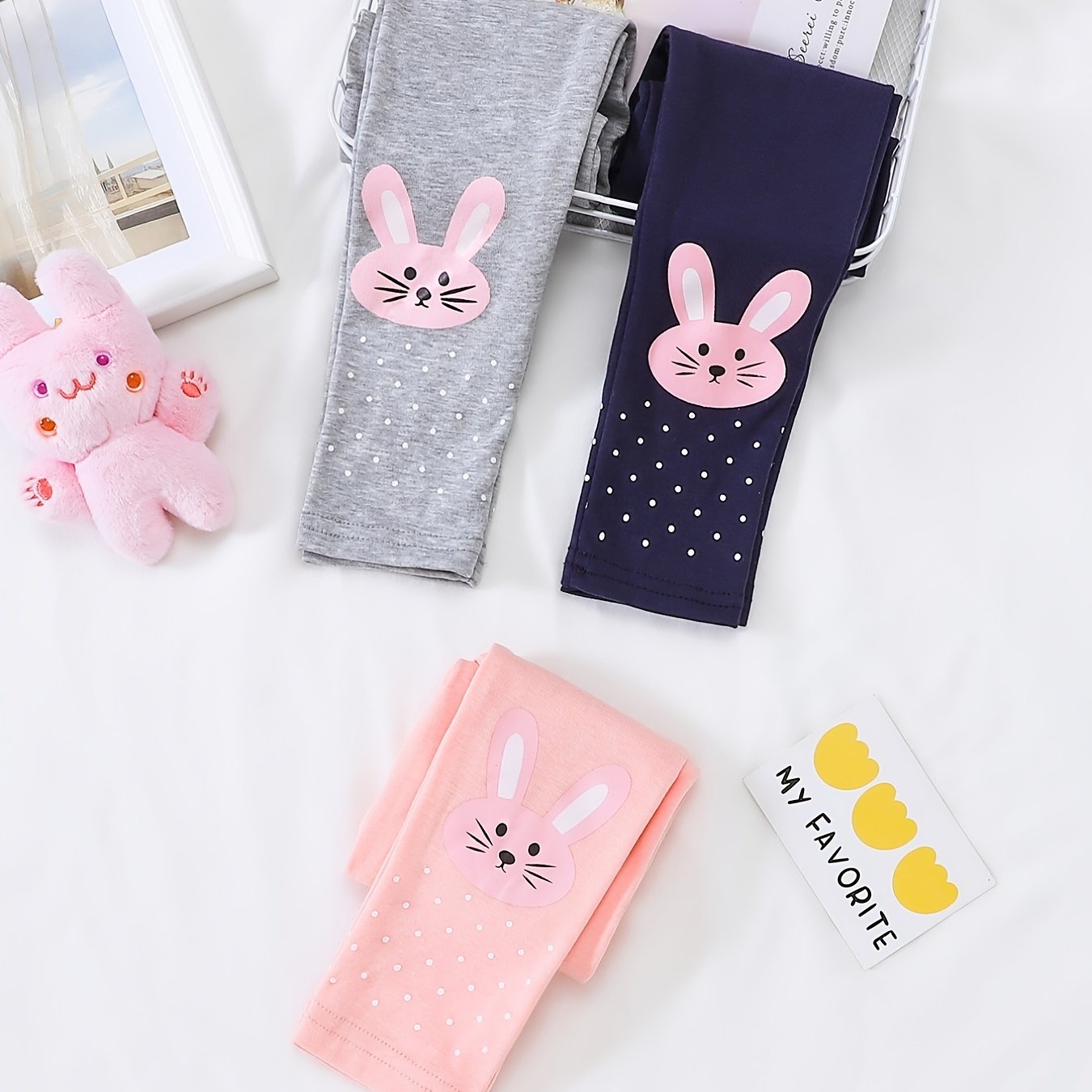 Image of Girls' Cotton Solid Color Leggings With Cartoon Rabbit Print