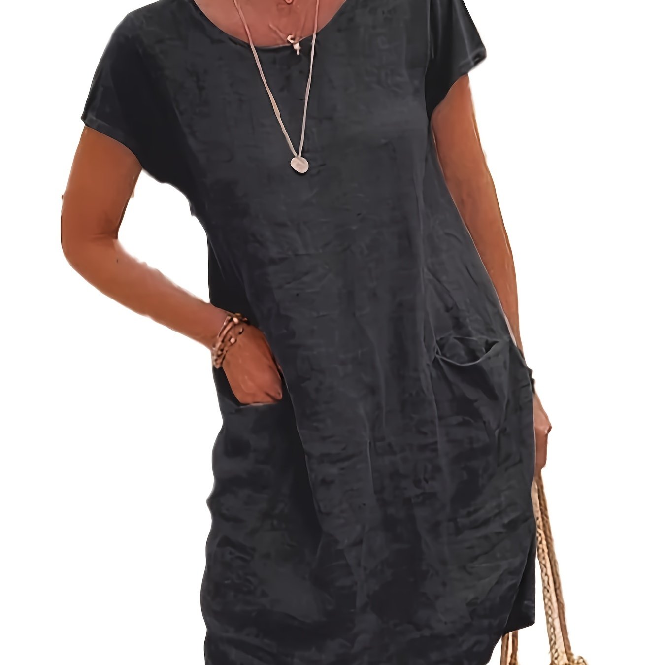 Round Neck Pocket Dress Casual Loose Solid Short Sleeve Spring Summer ...